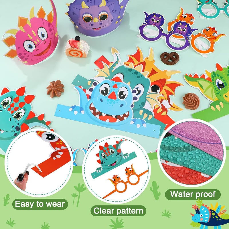 Woanger 48 قطعة لوازم حفلة عيد ميلاد الديناصورات تشمل قبعات ورقية وحلقة نظارات الديناصور مجموعة نظارات شمسية قابلة للتعديل مع 24 حبل زينة حفلة بموضوع الديناصورات للأطفال هدية عيد الميلاد دمى تصوير - Image 5