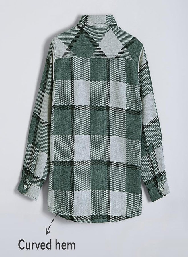 Hopscotch Boys Green Full Sleeves Yarn-Dyed Tartan Checkered Shacket For Ages (9-10 Years) - Image 2