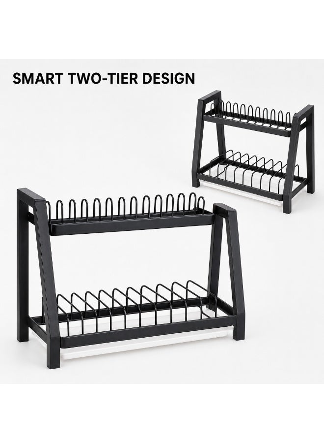 Two-tier kitchen dish and utensil rack with drain tray, practical black dish and cup organizer to save space - Image 4