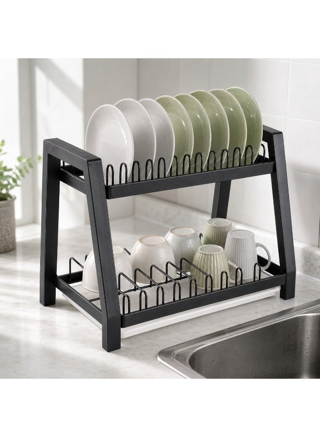 Two-tier kitchen dish and utensil rack with drain tray, practical black dish and cup organizer to save space - Image 2