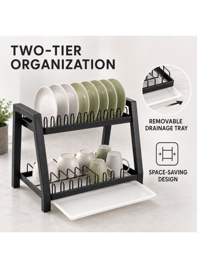 Two-tier kitchen dish and utensil rack with drain tray, practical black dish and cup organizer to save space - Image 3