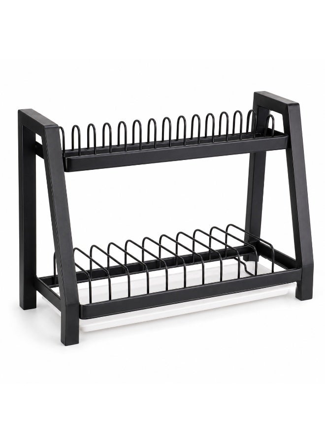 Two-tier kitchen dish and utensil rack with drain tray, practical black dish and cup organizer to save space - Image 1