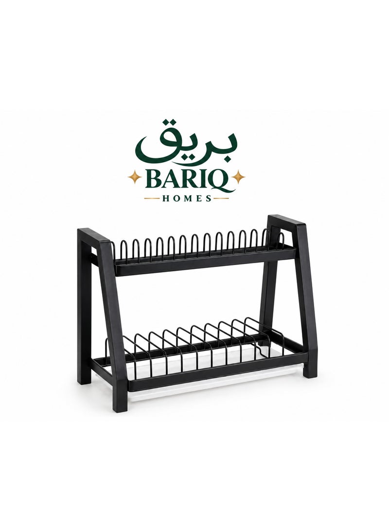BARIQ.HOMES Two-tier kitchen dish and utensil rack with drain tray, practical black dish and cup organizer to save space - Image 5