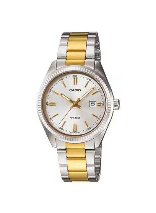 كاسيو ساعة كاسيو أنالوج للنساء | LTP-1302SG-7AVDF | سوار ستانلس ستيل فضي وذهبي، قرص أبيض، عرض التاريخ، مقاومة للماء ‎50 متر، ساعة كوارتز أنيقة بتصميم كلاسيكي