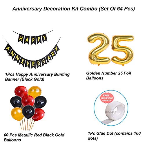 SHANAYA 25th Anniversary Decoration Items - 64Pcs Set For Husband Wife Happy Annniversary Decoration Items - Happy Anniversary Paper Banner Black Gold Number 25 Balloons Glue Dot - Image 2