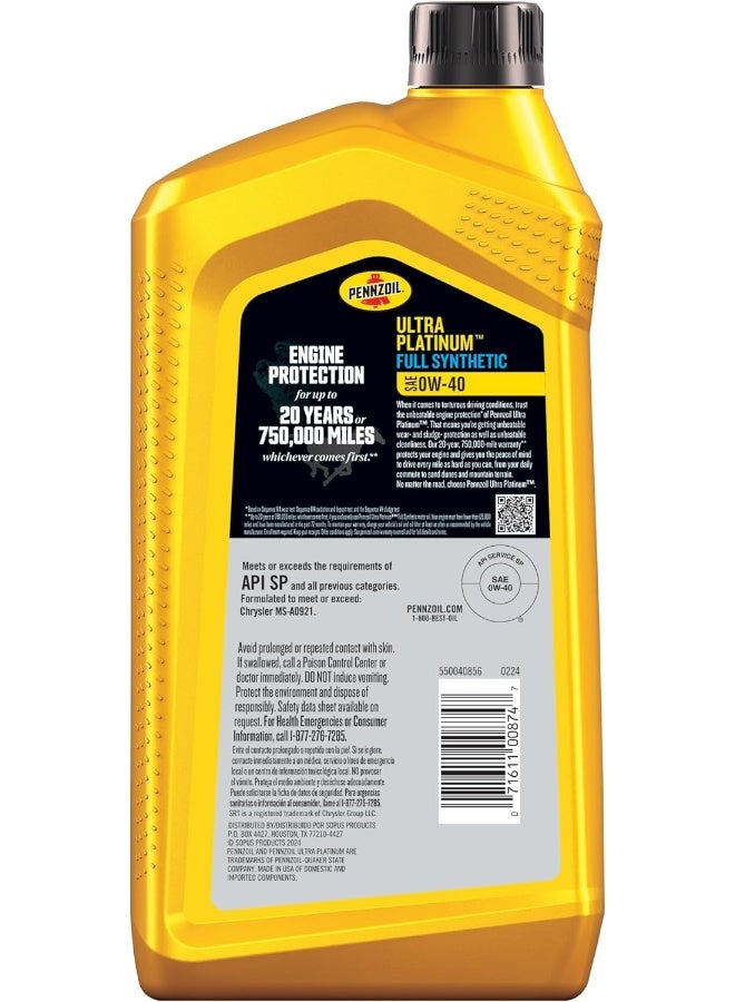 Pennzoil Ultra Platinum Full Synthetic 0W-40 Motor Oil (1 Quart, Single Pack) - Image 2