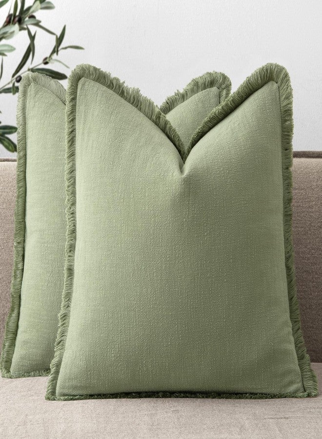 ANRODUO Set of 2 Decorative Throw Pillow Covers 20×20 Inch Soft Linen Fringe Farmhouse Boho Vintage Cushion Covers with Tassels Accent Pillowcase for Couch Sofa Bed Living Room Fall Decor Sage Green - Image 1