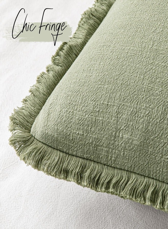 ANRODUO Set of 2 Decorative Throw Pillow Covers 20×20 Inch Soft Linen Fringe Farmhouse Boho Vintage Cushion Covers with Tassels Accent Pillowcase for Couch Sofa Bed Living Room Fall Decor Sage Green - Image 3