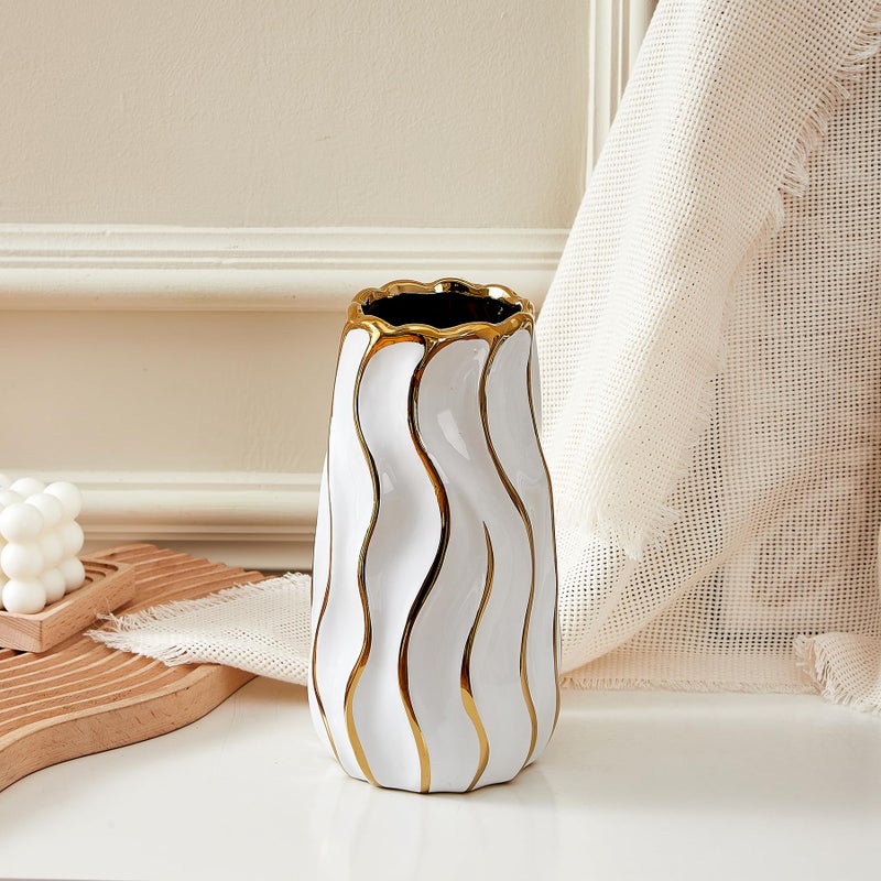 OTARTU White Ceramic Vase for Home Decor,Decorative Flower Vase, Vertical Stripe Ceramic Vases for Home DÃ©cor, Bedroom, Office, Living Room, Bathroom, Tabletop Decor, Centerpiece (White) - Image 3