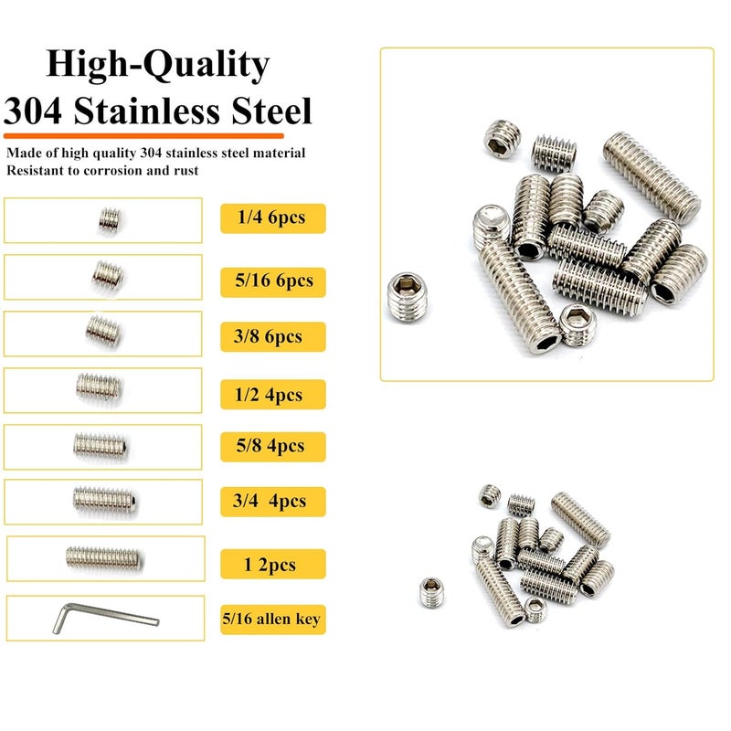 Matrelt 32pcs 5/16-18 7 Sizes Hex Socket Set Screws Assortment Kit, 304 Stainless Steel Cup Point Grub Screw for Bathroom Fixtures Door Handles Stripper Pole Rack Screws Precision Instrument ETS - Image 3