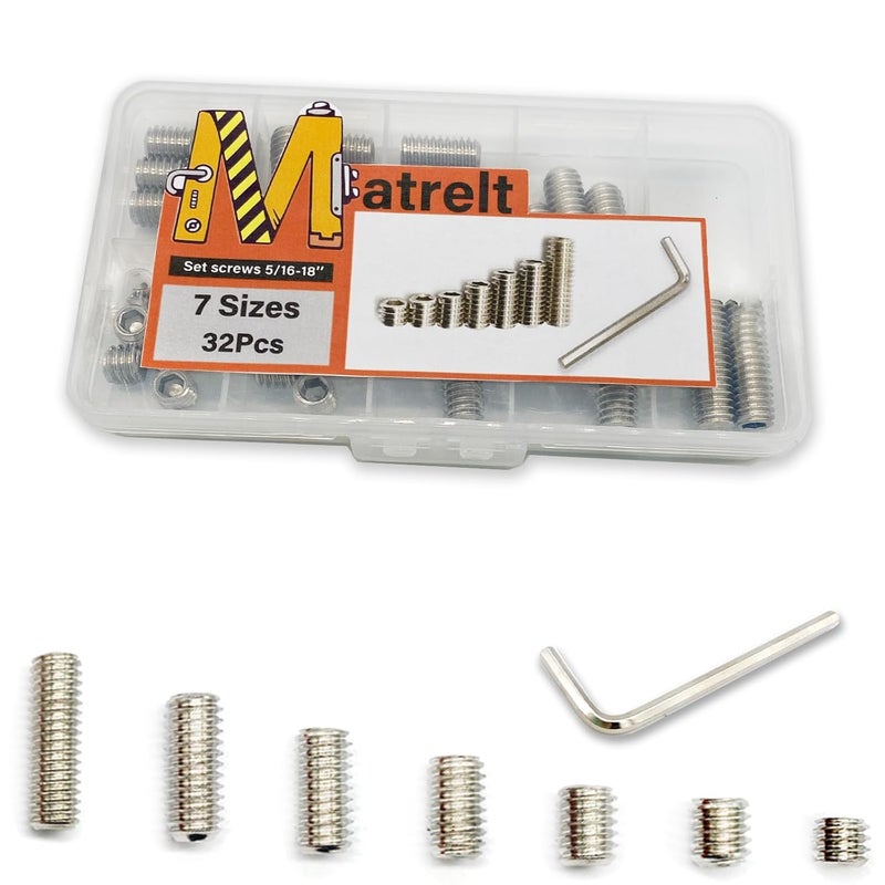 Matrelt 32pcs 5/16-18 7 Sizes Hex Socket Set Screws Assortment Kit, 304 Stainless Steel Cup Point Grub Screw for Bathroom Fixtures Door Handles Stripper Pole Rack Screws Precision Instrument ETS - Image 1