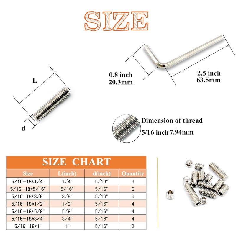 Matrelt 32pcs 5/16-18 7 Sizes Hex Socket Set Screws Assortment Kit, 304 Stainless Steel Cup Point Grub Screw for Bathroom Fixtures Door Handles Stripper Pole Rack Screws Precision Instrument ETS - Image 2