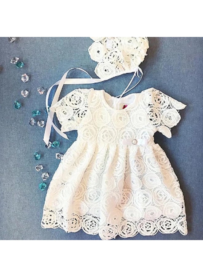 MiniMe Baby Girls Lace Dress, Bonnet Set | 6‑9 Months |  White | Cotton | Lightweight, Breathable & Lined | Scalloped Hem Floral Design | Easy Back Zipper | Perfect for Baptism, Weddings - Image 3