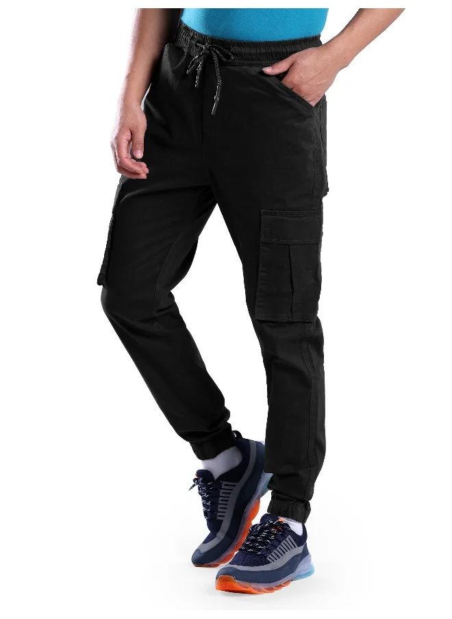 بيونغ Solid Cotton Jet Black Cargo Joggers For Men