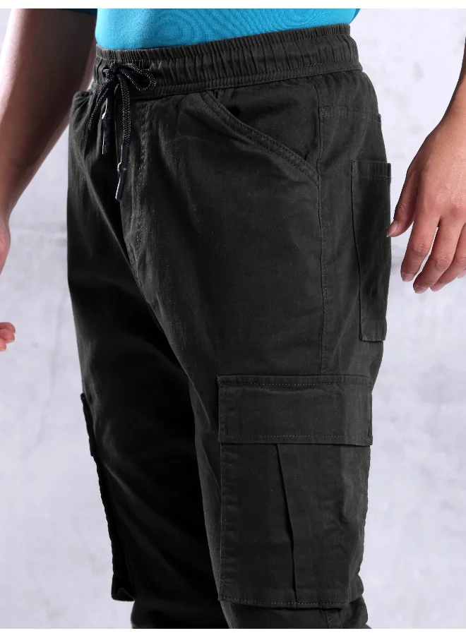 بيونغ Solid Cotton Jet Black Cargo Joggers For Men