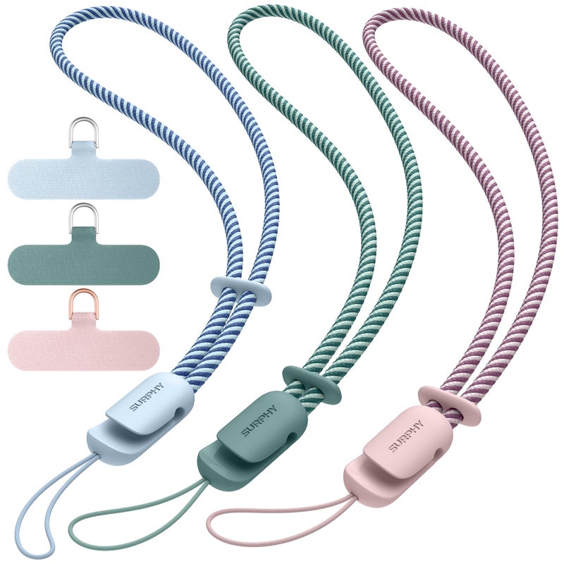 SURPHY 3 Pack Phone Wrist Strap with CellPhone Tether Tab, Cellphone Lanyard, Phone Strap with 2-Color Braided, Wrist Lanyard (Cloud Blue & Pink & Green) - Image 1
