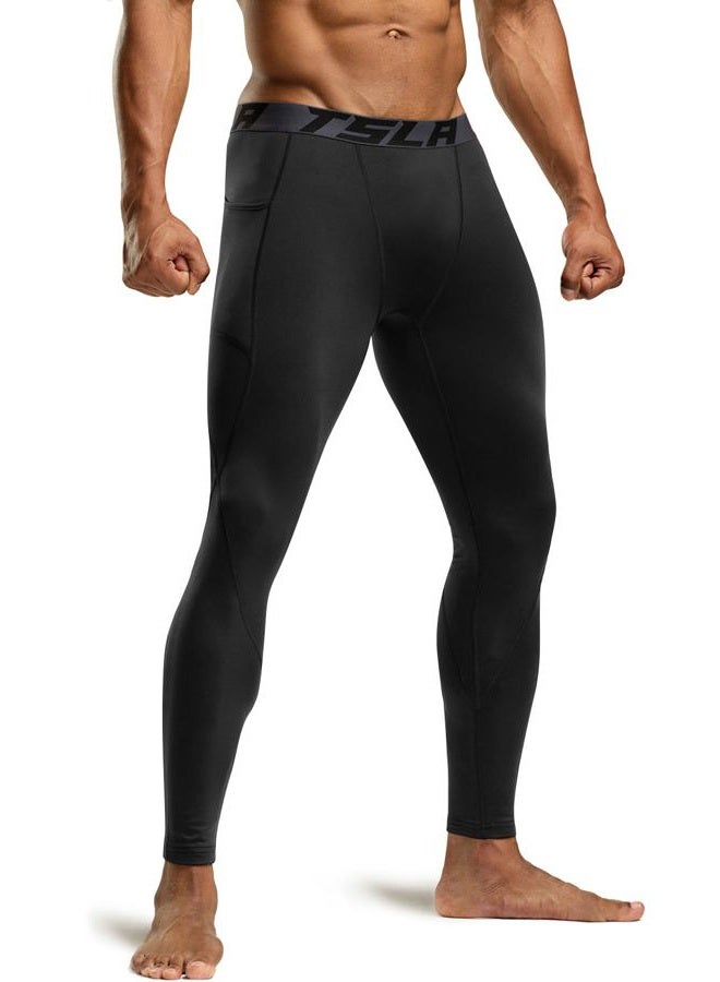TSLA Men's Thermal Compression Pants, Athletic Sports Leggings & Running Tights, Wintergear Base Layer Bottoms, Pocket Black, Medium - Image 1