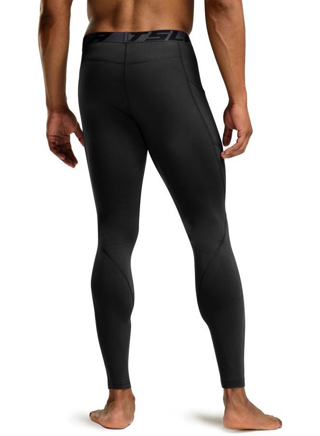 TSLA Men's Thermal Compression Pants, Athletic Sports Leggings & Running Tights, Wintergear Base Layer Bottoms, Pocket Black, Medium - Image 3