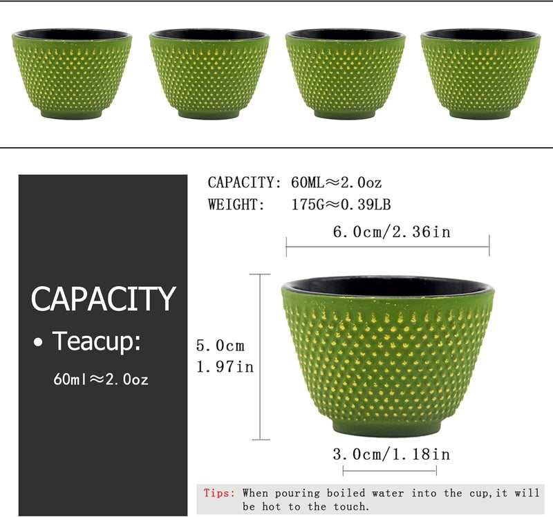 SECHUDO Japanese Cast Iron Tea Cups Small and Heavy Teacups with no Handles Japanese Style Cup for Adults Asian Teacups Coated with Enameled Interior 4 PcsBox Green 2oz60ml - Image 4