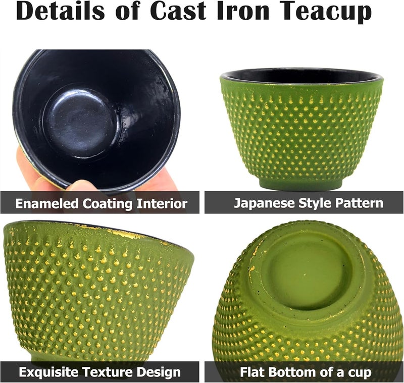 SECHUDO Japanese Cast Iron Tea Cups Small and Heavy Teacups with no Handles Japanese Style Cup for Adults Asian Teacups Coated with Enameled Interior 4 PcsBox Green 2oz60ml - Image 5