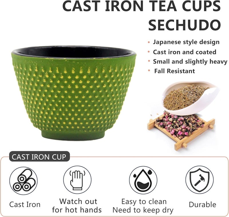 SECHUDO Japanese Cast Iron Tea Cups Small and Heavy Teacups with no Handles Japanese Style Cup for Adults Asian Teacups Coated with Enameled Interior 4 PcsBox Green 2oz60ml - Image 3