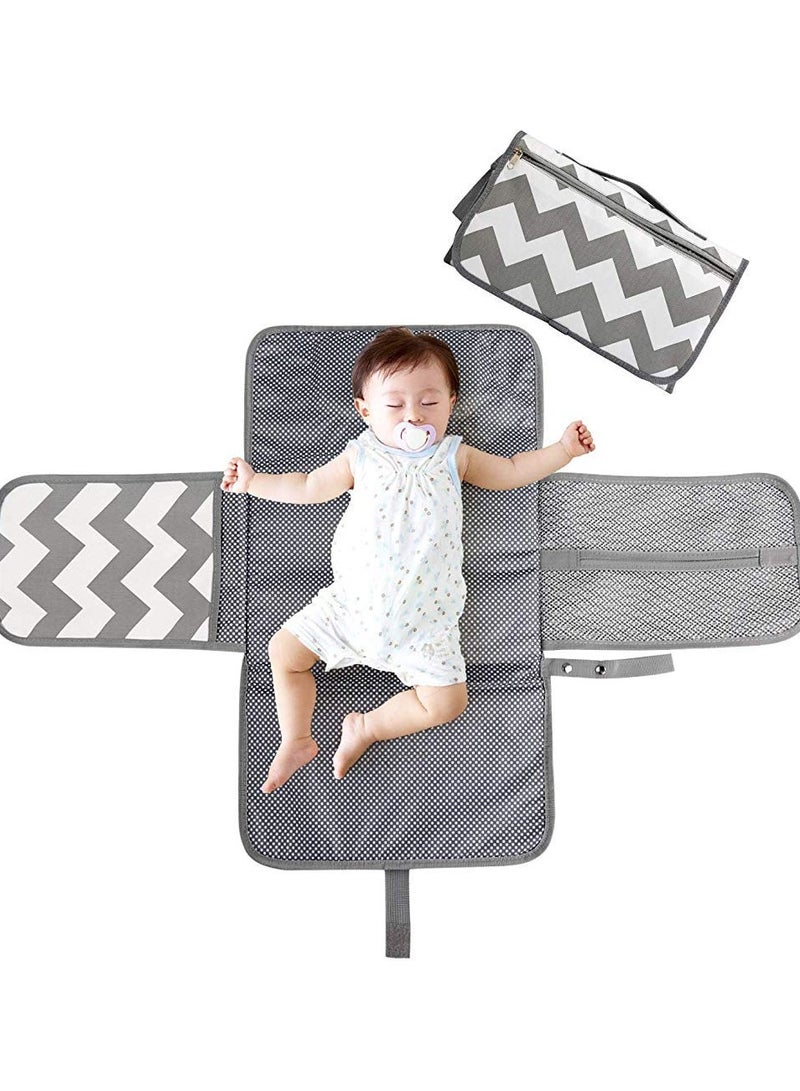 ORiTi Baby Changing Mat, Waterproof Changing Pad with Head Cushion & Organizer Pockets, Diaper Changing Station, Foldable Baby Massage Mat for Home Travel Outside (Grey) - Image 1