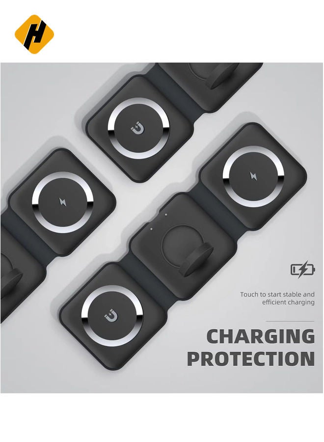 3-in-1 Foldable Magnetic Wireless Charger – 15W Mag-Safe Charging Station for iPhone, Apple Watch, and AirPods (Black)