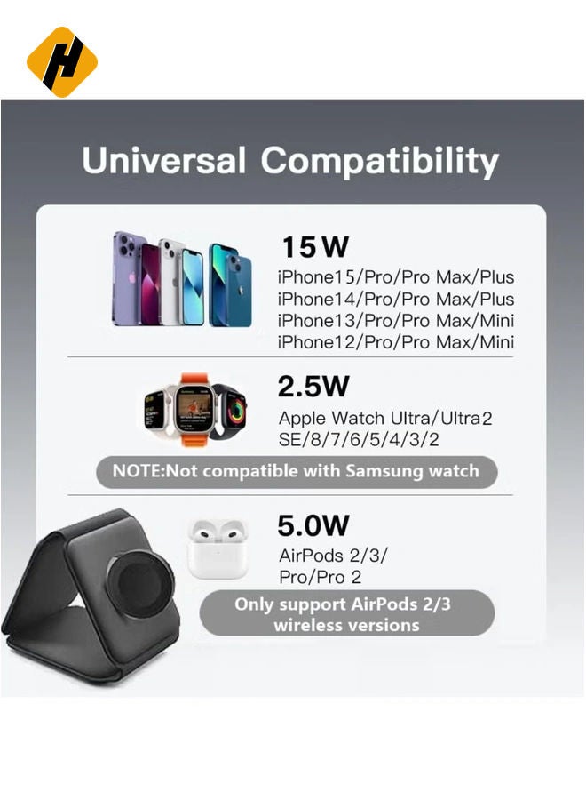 3-in-1 Foldable Magnetic Wireless Charger – 15W Mag-Safe Charging Station for iPhone, Apple Watch, and AirPods (Black)