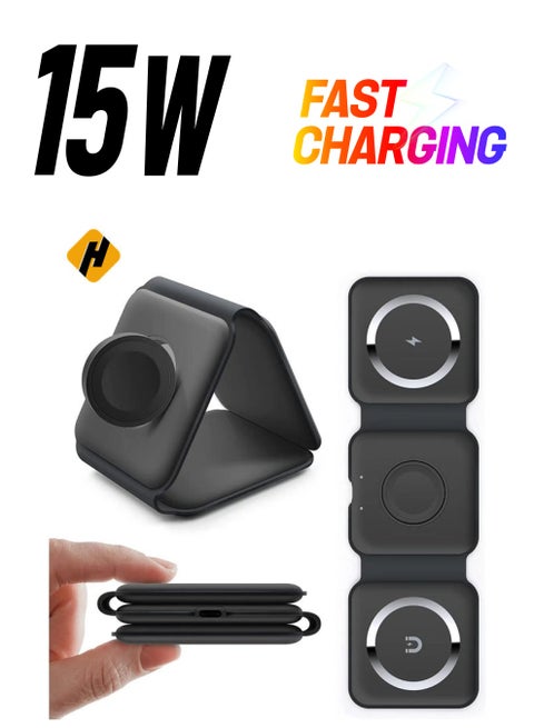 3-in-1 Foldable Magnetic Wireless Charger – 15W Mag-Safe Charging Station for iPhone, Apple Watch, and AirPods (Black)