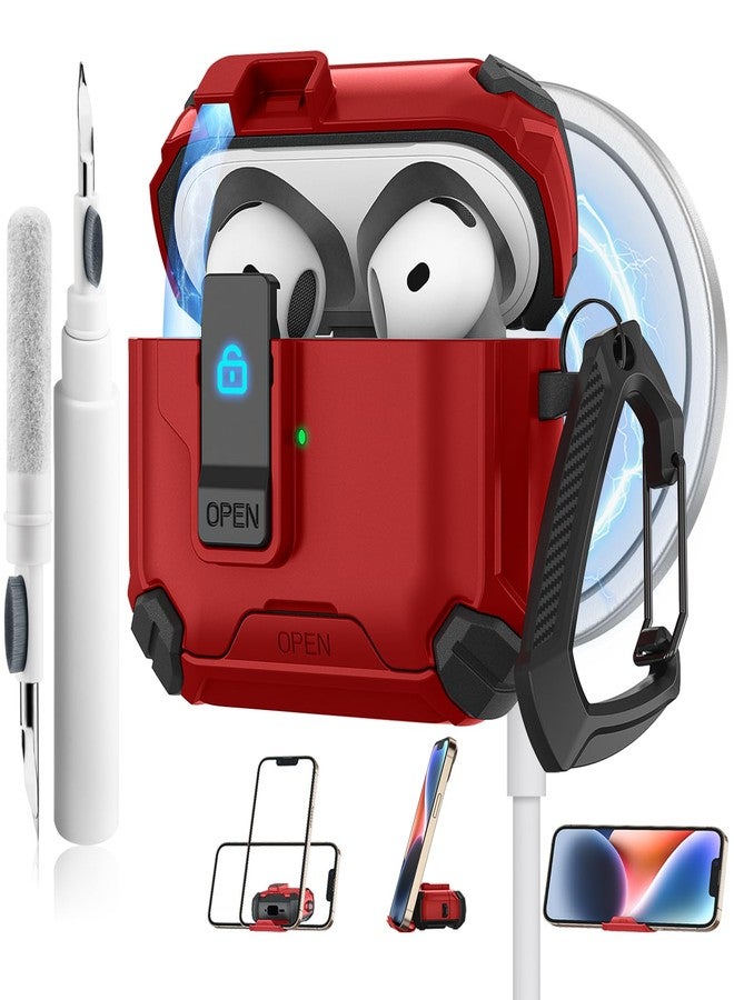 Meliya for AirPods 4 Case, Comes with Phone Holder and Magsafe Function, Automatic Pop-up Full Protection Hard Case with Secure Lock & Cleaner Kit & Keychain for AirPods 4 2024, Red - Image 1