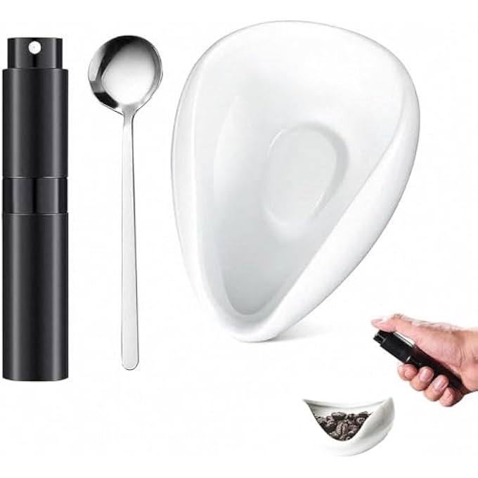 ريحني كوب جرعات حبوب القهوة ومجموعة زجاجة الرش مجموعة صينية قياس جرعة واحدة وعاء جرعة خزفية للقهوة أو الشاي تقليل قوة القهوة هدية محبة القهوة سيراميك أبيض زجاجة بخاخ ملعقة - Image 1