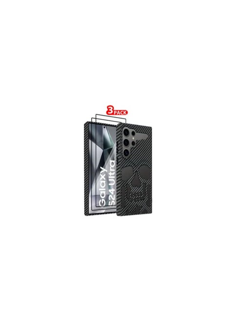 Galaxy S24 Ultra 3Packs Case Cover Soft TPU and Glossy Skull Design with Two 3D Shockproof Screen Protector - Carbon Fiber