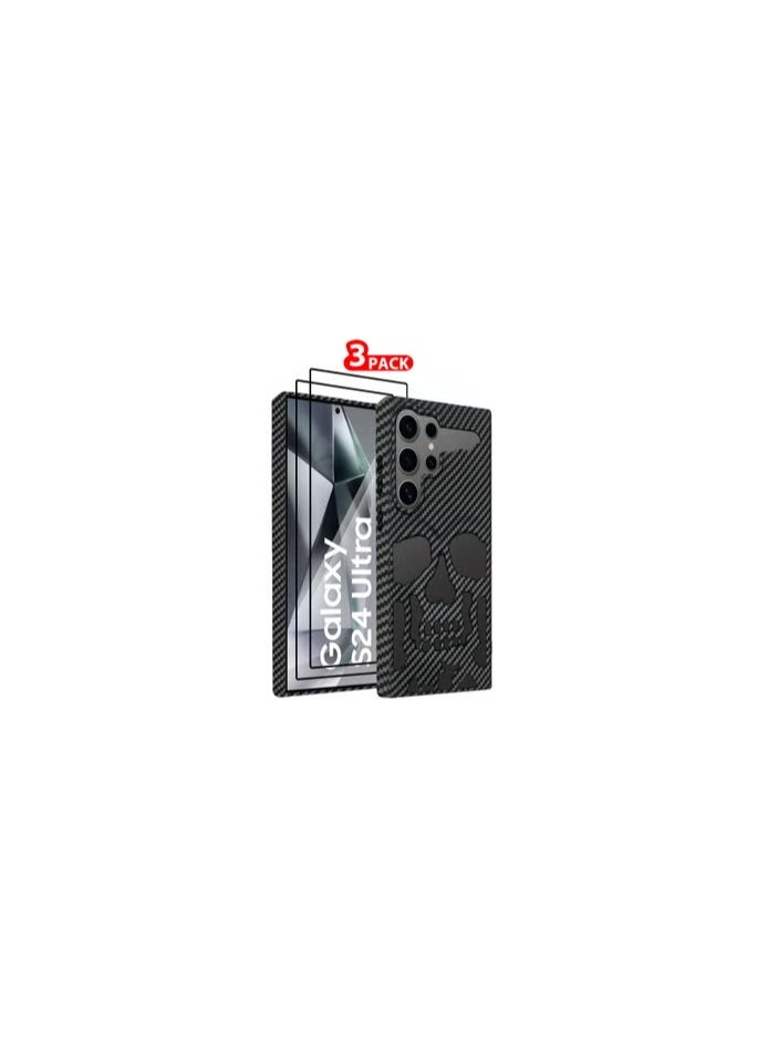 کاتانس - Galaxy S24 Ultra 3Packs Case Cover Soft TPU and Glossy Skull Design with Two 3D Shockproof Screen Protector - Carbon Fiber - Image 1