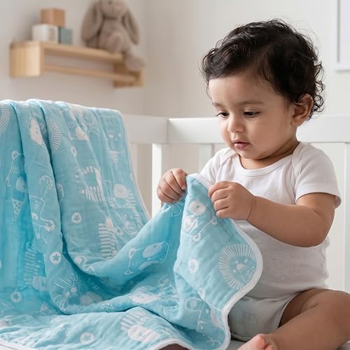 TIDY SLEEP Baby Blankets 6 Layer Wraper 100% Cotton Stroller Cover Receiving Blankets, Green (100 Cm X 90 Cm), Breathable - Image 1