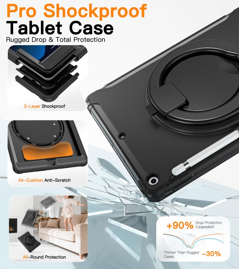 BATYUE Shockproof Case for iPad 7th/8th/9th Gen 2019/2020/2021 | 360° Multi-Angle Stand (Portrait & Landscape) & Grip, Built-in Screen Protector, Pencil Holder, Black - Image 3