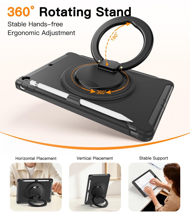 BATYUE Shockproof Case for iPad 7th/8th/9th Gen 2019/2020/2021 | 360° Multi-Angle Stand (Portrait & Landscape) & Grip, Built-in Screen Protector, Pencil Holder, Black - Image 4