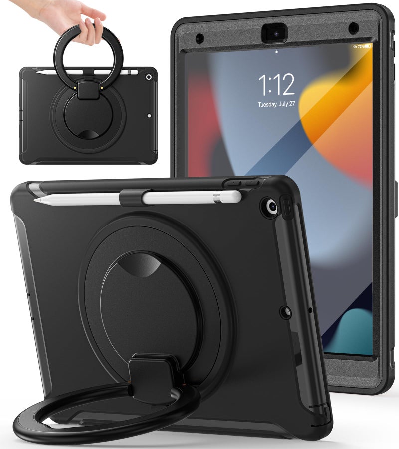 BATYUE Shockproof Case for iPad 7th/8th/9th Gen 2019/2020/2021 | 360° Multi-Angle Stand (Portrait & Landscape) & Grip, Built-in Screen Protector, Pencil Holder, Black - Image 1