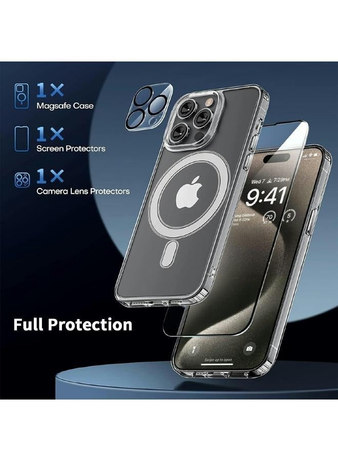 مجموعة حماية لموبايل آيفون 12 برو ماكس (iPhone 12 Pro Max) واقي شاشة من الزجاج المقسى، واقي عدسات الكاميرا، جراب ماج سيف مقاوم للصدمات والخدش، سلسلة كلاسيكية أكريليك، شفاف (3in1) - Image 2