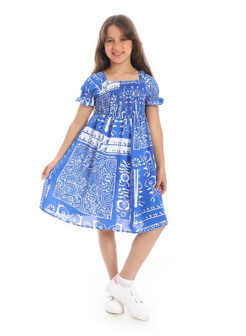 Puff Sleeves Slip On Girls Dress _ Blue & White