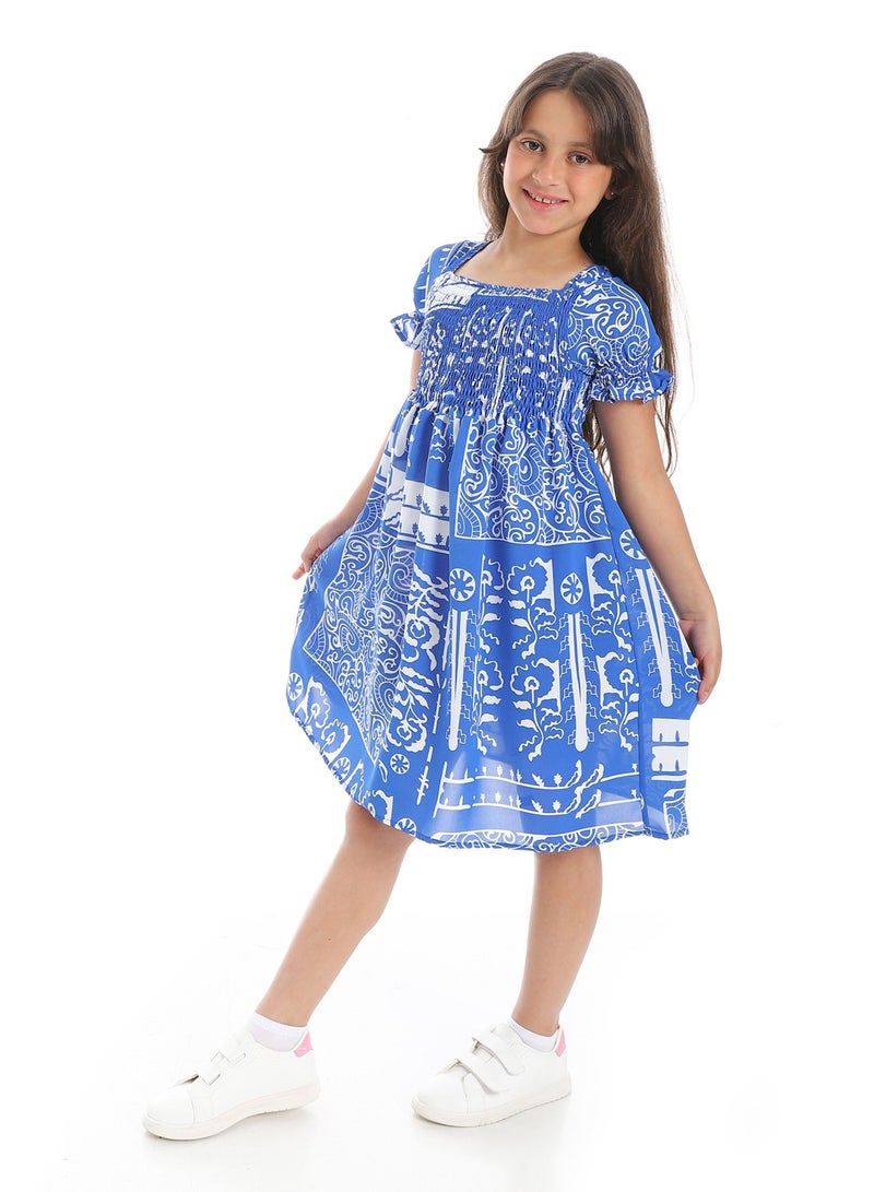 Andora Puff Sleeves Slip On Girls Dress _ Blue & White - Image 2
