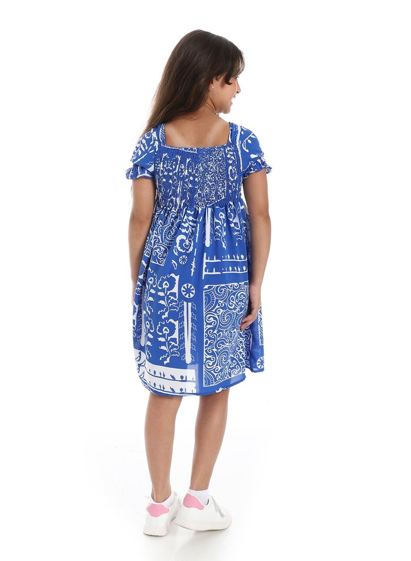 Andora Puff Sleeves Slip On Girls Dress _ Blue & White - Image 4