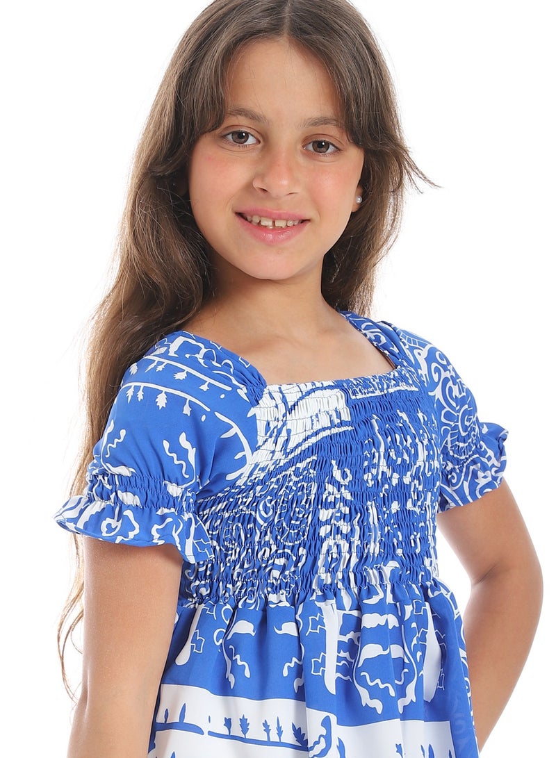 Andora Puff Sleeves Slip On Girls Dress _ Blue & White - Image 5