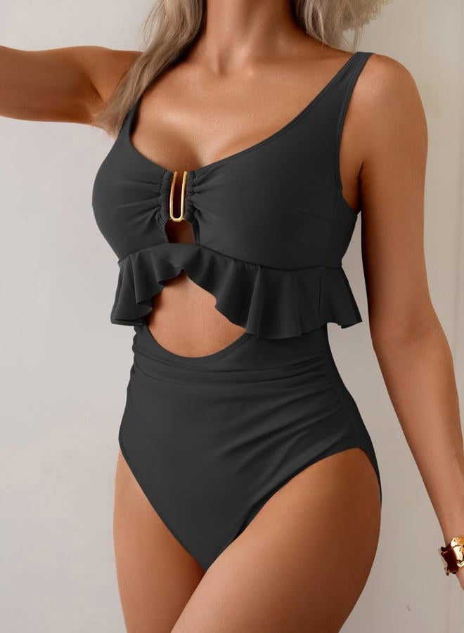 B2prity Womens One Piece Swimsuit Tummy Control Ruffled Bathing Suit V Neck Cutout Swim Suit Tie Back Swimwear, Black, M - Image 4