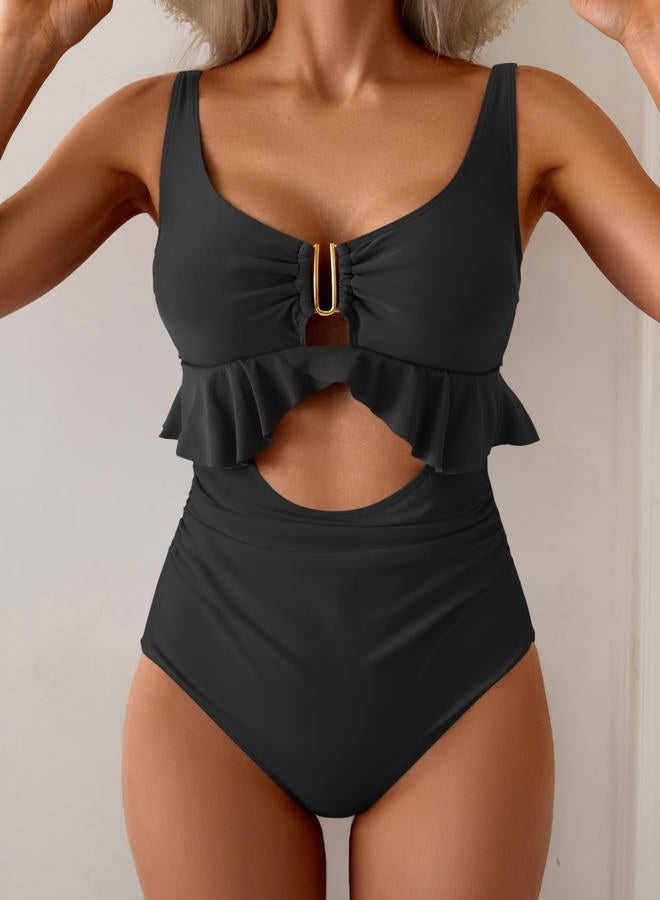 B2prity Womens One Piece Swimsuit Tummy Control Ruffled Bathing Suit V Neck Cutout Swim Suit Tie Back Swimwear, Black, M - Image 2