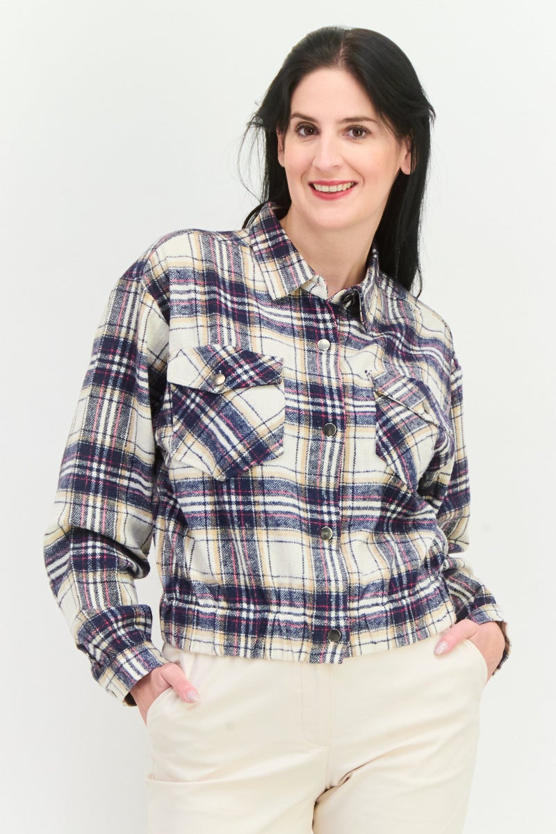 POOF قميص نسائي بأكمام طويلة وبياقة مفتوحة، مزخرف بمربعات، لون كحلي - Image 1