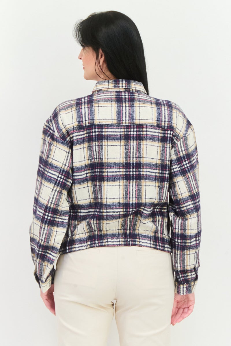 POOF قميص نسائي بأكمام طويلة وبياقة مفتوحة، مزخرف بمربعات، لون كحلي - Image 3