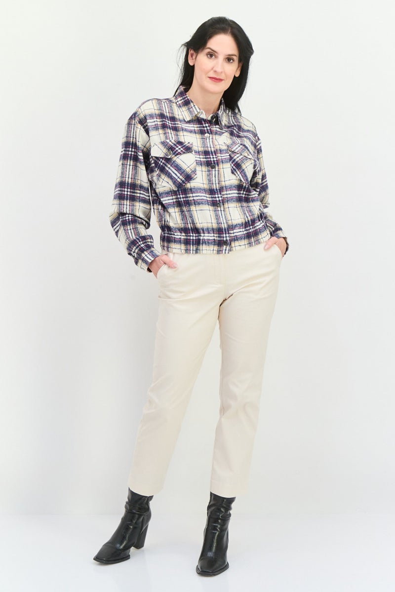 POOF قميص نسائي بأكمام طويلة وبياقة مفتوحة، مزخرف بمربعات، لون كحلي - Image 2