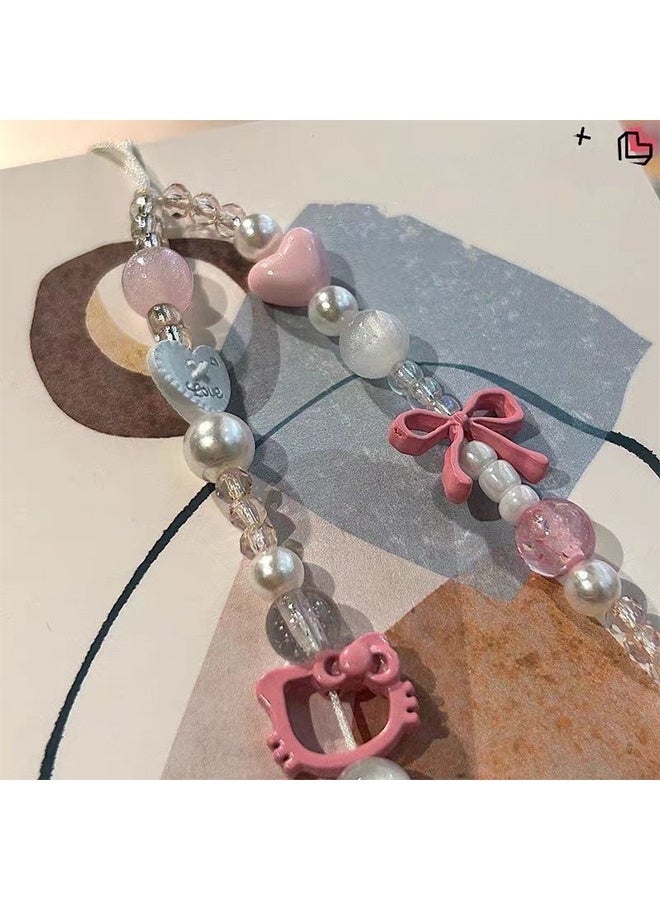 واي جيه سلسلة هاتف كيوتي من اللؤلؤ الخرزي، حزام معصم لهاتف محمول مزين بعقدة لطيفة - Image 3