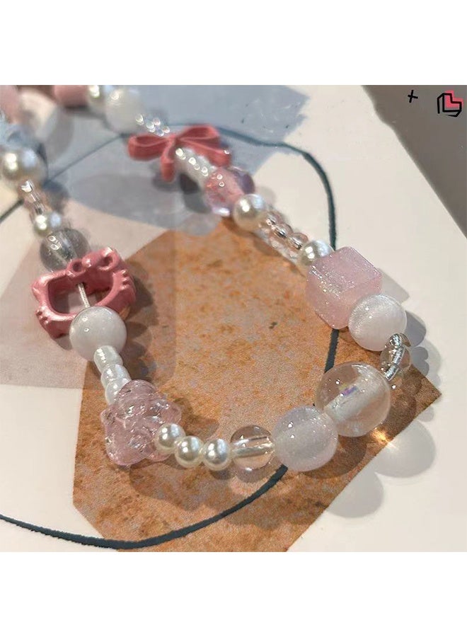 واي جيه سلسلة هاتف كيوتي من اللؤلؤ الخرزي، حزام معصم لهاتف محمول مزين بعقدة لطيفة - Image 4