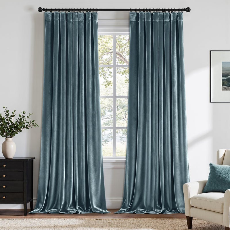 ANRODUO Grayish Blue Velvet Curtains 96 Inches Long Blackout Thermal Insulated Soundproof Curtain Privacy Room Darkening Curtains Pinch Pleat Window Drapes for Bedroom Living Room 42 x 96 Inch Set of 2 - Image 1
